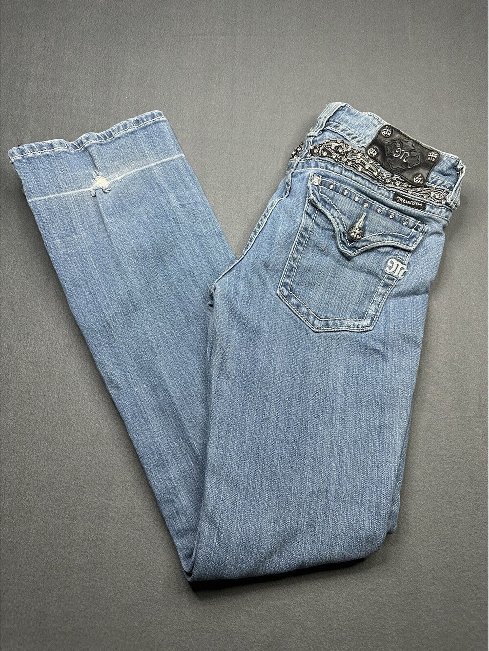 Vtg Y2K Miss Me Boot Cut Flare Embellished Flap Pocket Blue Jeans Low Rise Sz 31